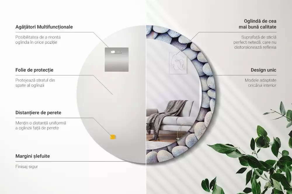 Lustro z drukowaną ramką z motywem kamieni morskich, o kształcie koła