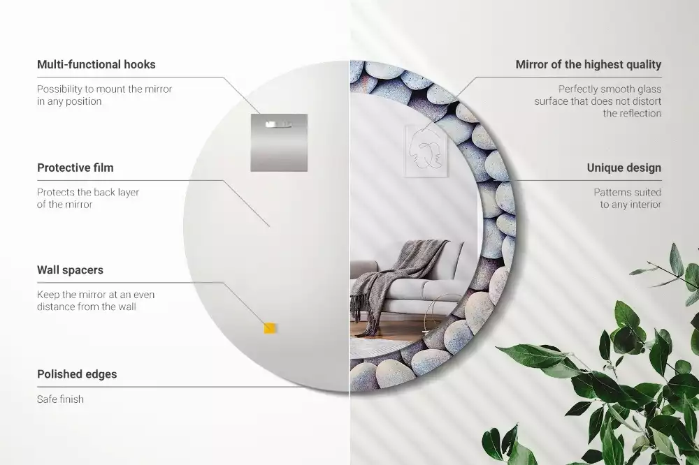 Lustro z drukowaną ramką z motywem kamieni morskich, o kształcie koła