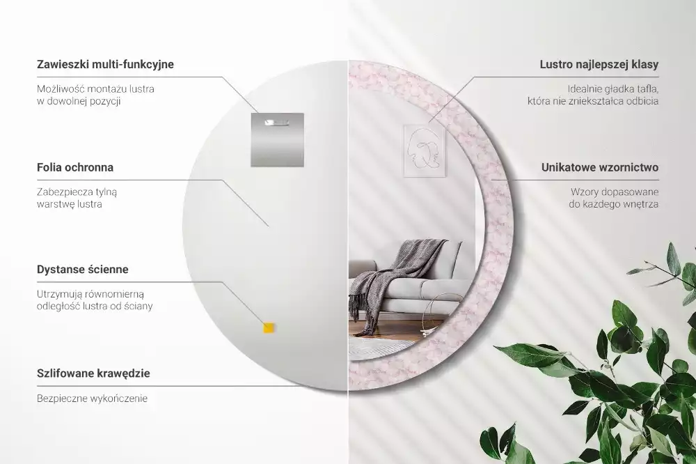 Lustro ścienne dekoracyjne w kształcie koła z motywem płatków kwiatów