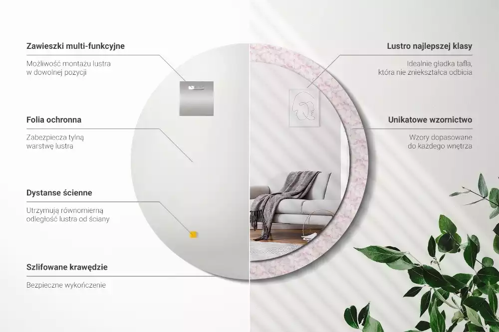 Lustro ścienne dekoracyjne w kształcie koła z motywem płatków kwiatów