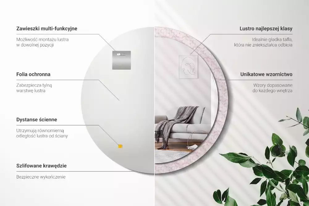 Lustro ścienne dekoracyjne w kształcie koła z motywem płatków kwiatów