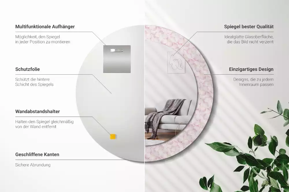 Lustro ścienne dekoracyjne w kształcie koła z motywem płatków kwiatów