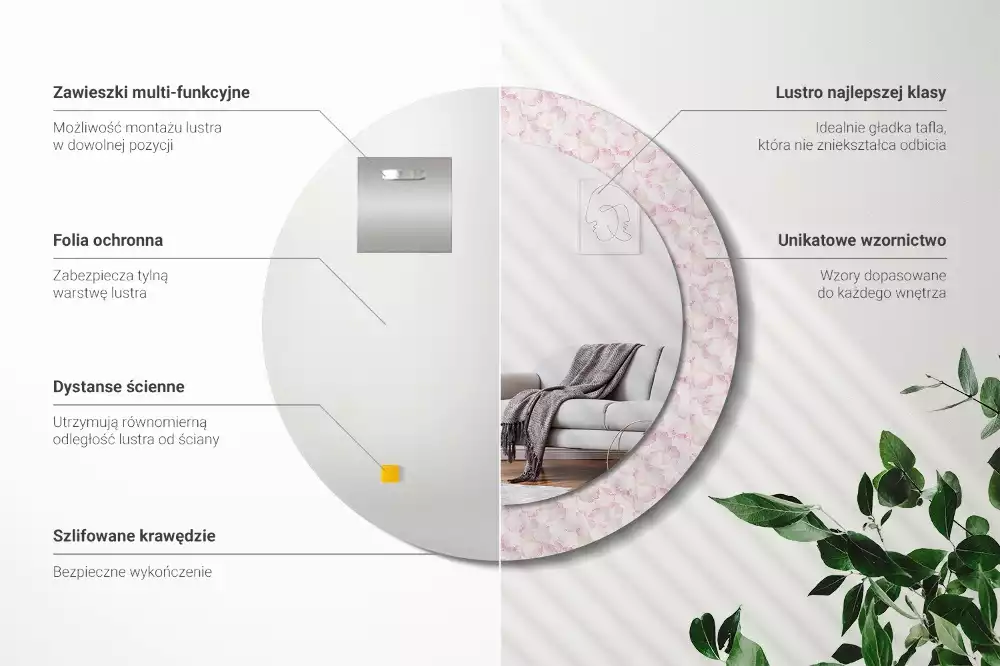 Lustro ścienne dekoracyjne w kształcie koła z motywem płatków kwiatów