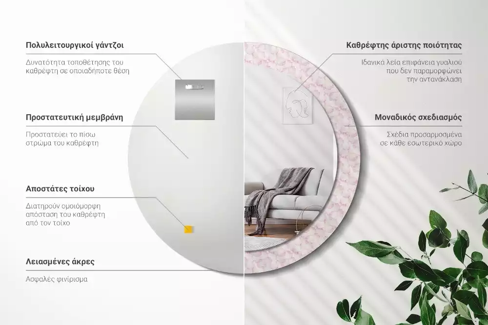 Lustro ścienne dekoracyjne w kształcie koła z motywem płatków kwiatów