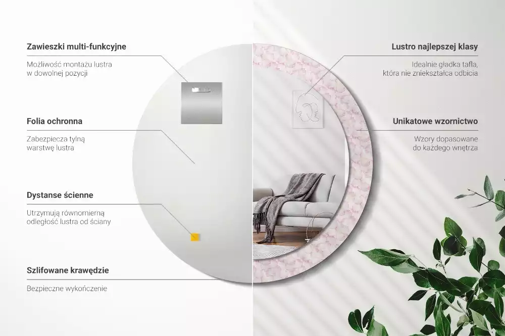 Lustro ścienne dekoracyjne w kształcie koła z motywem płatków kwiatów