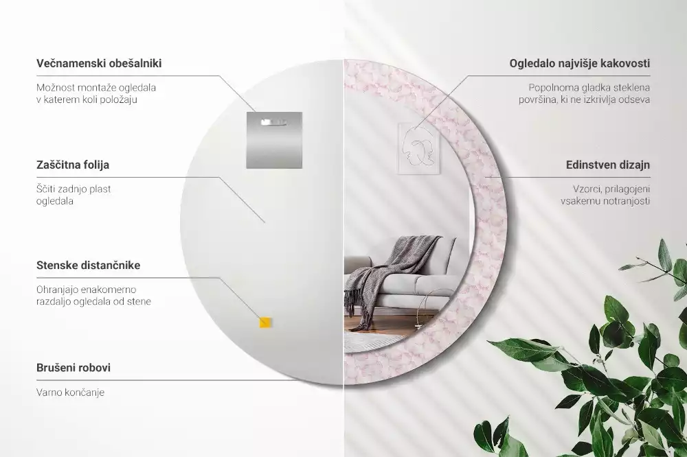 Lustro ścienne dekoracyjne w kształcie koła z motywem płatków kwiatów