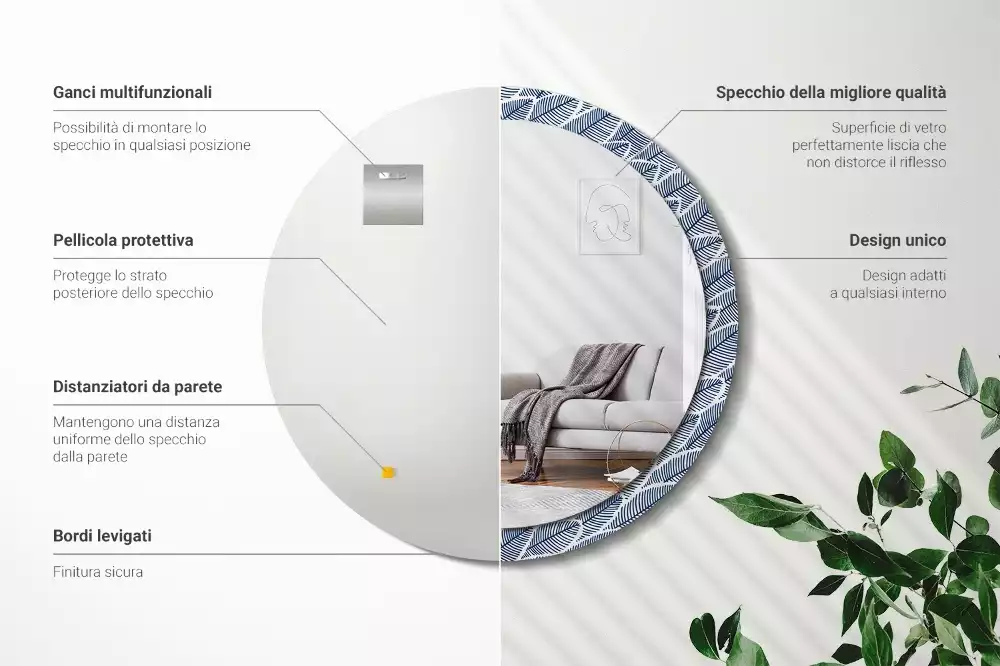 Lustro ścienne dekoracyjne o okrągłym kształcie z motywem liści