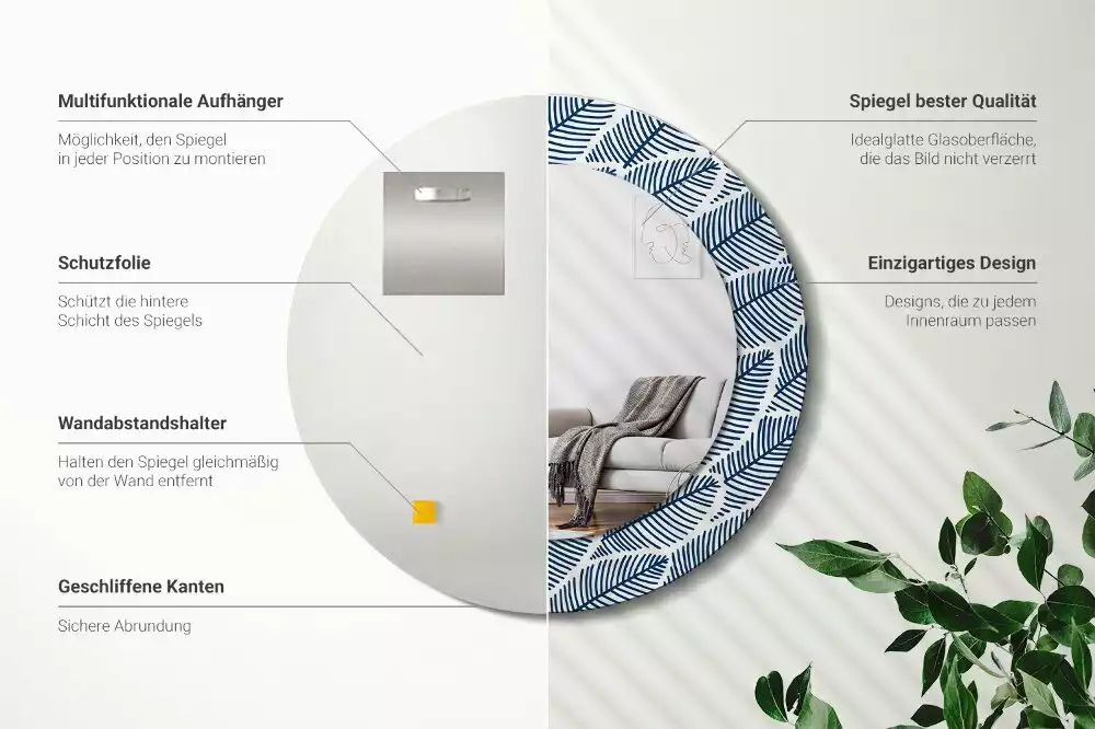 Lustro ścienne dekoracyjne o okrągłym kształcie z motywem liści