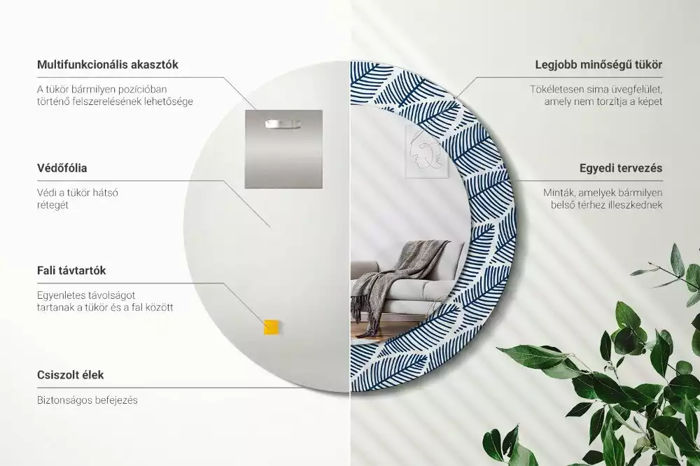 Lustro ścienne dekoracyjne o okrągłym kształcie z motywem liści