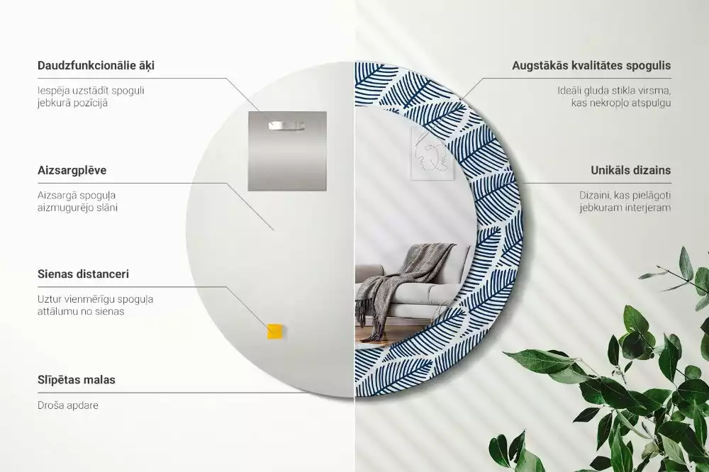 Lustro ścienne dekoracyjne o okrągłym kształcie z motywem liści