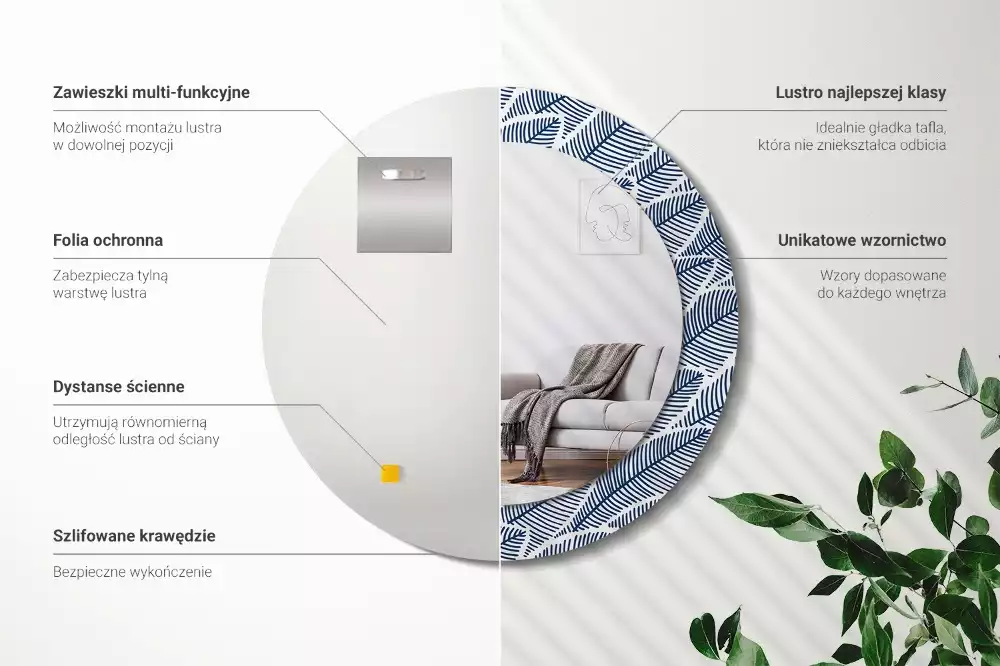 Lustro ścienne dekoracyjne o okrągłym kształcie z motywem liści