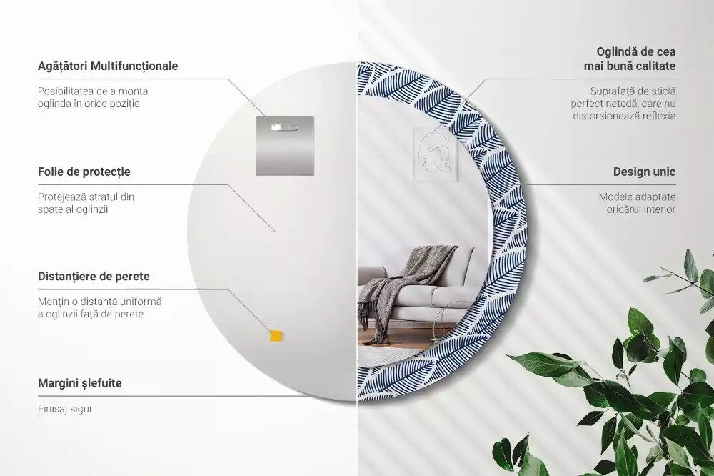 Lustro ścienne dekoracyjne o okrągłym kształcie z motywem liści