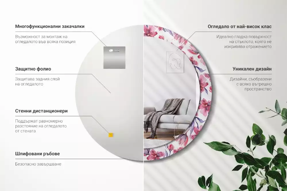 Lustro z ramą z nadrukiem w motywie kwiatów akwarelowych, w kształcie okrągłym