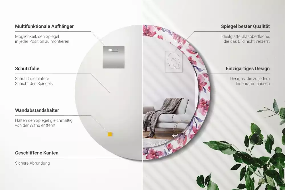 Lustro z ramą z nadrukiem w motywie kwiatów akwarelowych, w kształcie okrągłym