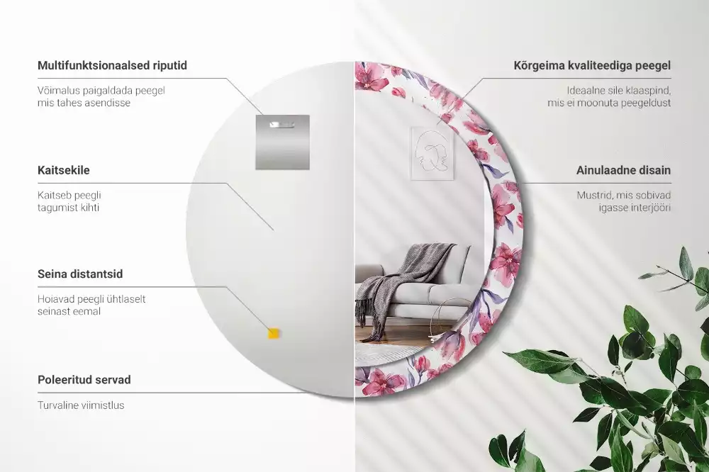 Lustro z ramą z nadrukiem w motywie kwiatów akwarelowych, w kształcie okrągłym