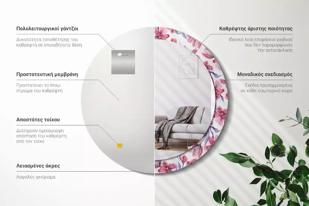 Lustro z ramą z nadrukiem w motywie kwiatów akwarelowych, w kształcie okrągłym