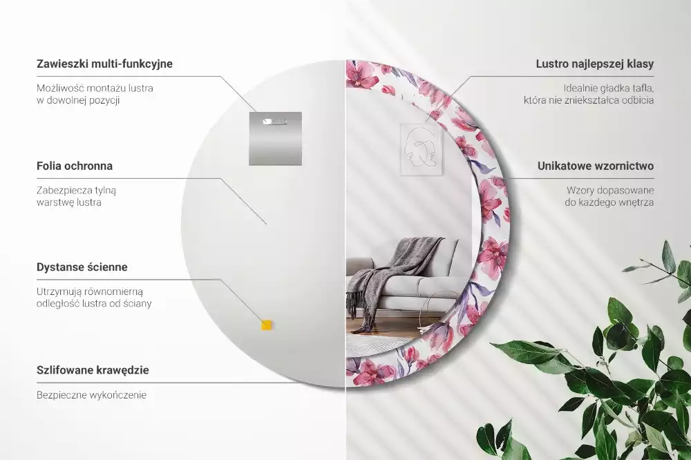 Lustro z ramą z nadrukiem w motywie kwiatów akwarelowych, w kształcie okrągłym