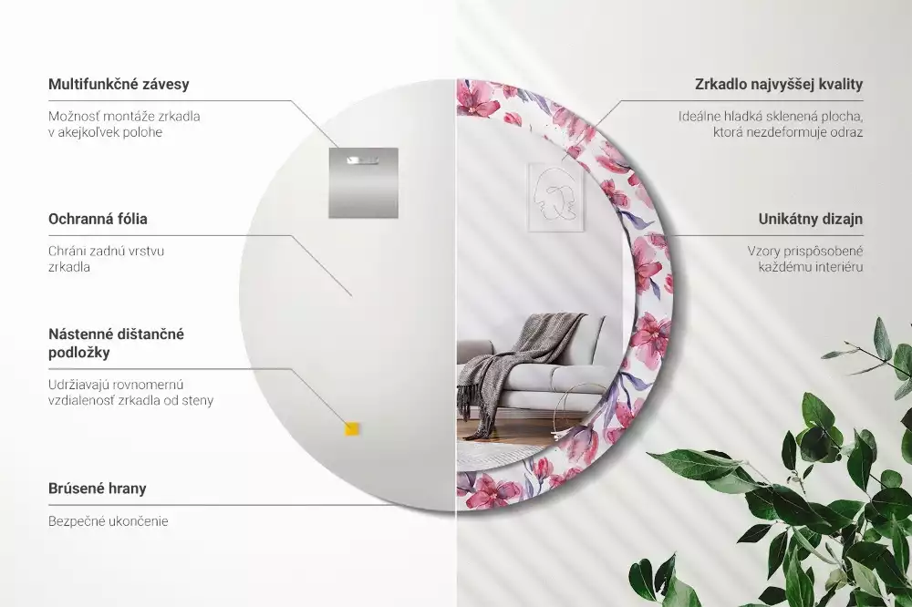 Lustro z ramą z nadrukiem w motywie kwiatów akwarelowych, w kształcie okrągłym