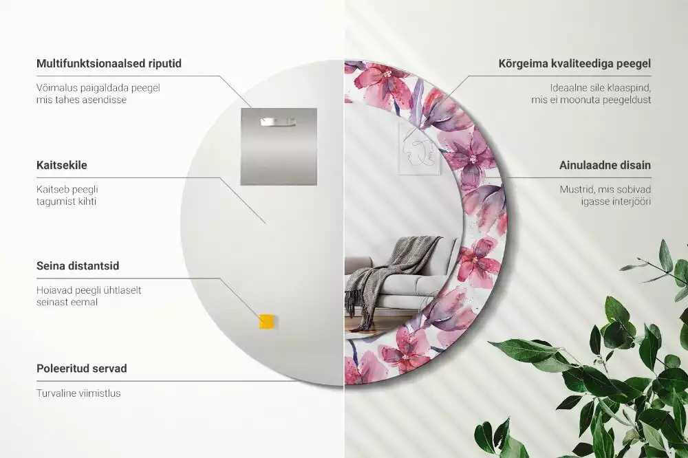 Lustro z ramą z nadrukiem w motywie kwiatów akwarelowych, w kształcie okrągłym