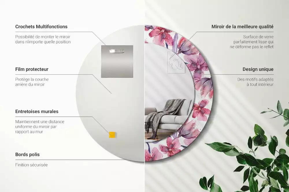 Lustro z ramą z nadrukiem w motywie kwiatów akwarelowych, w kształcie okrągłym