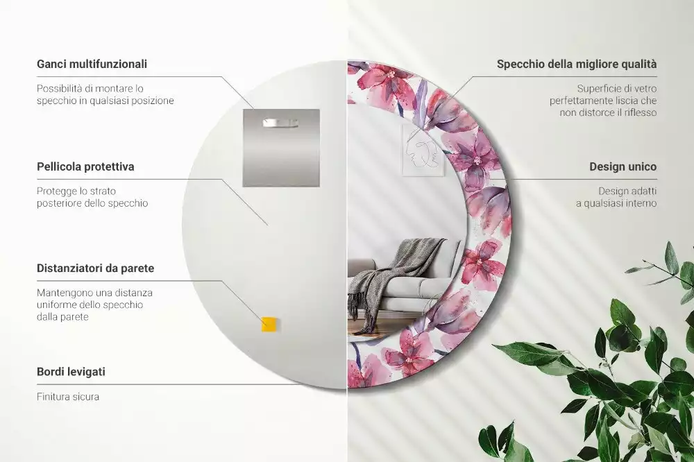 Lustro z ramą z nadrukiem w motywie kwiatów akwarelowych, w kształcie okrągłym