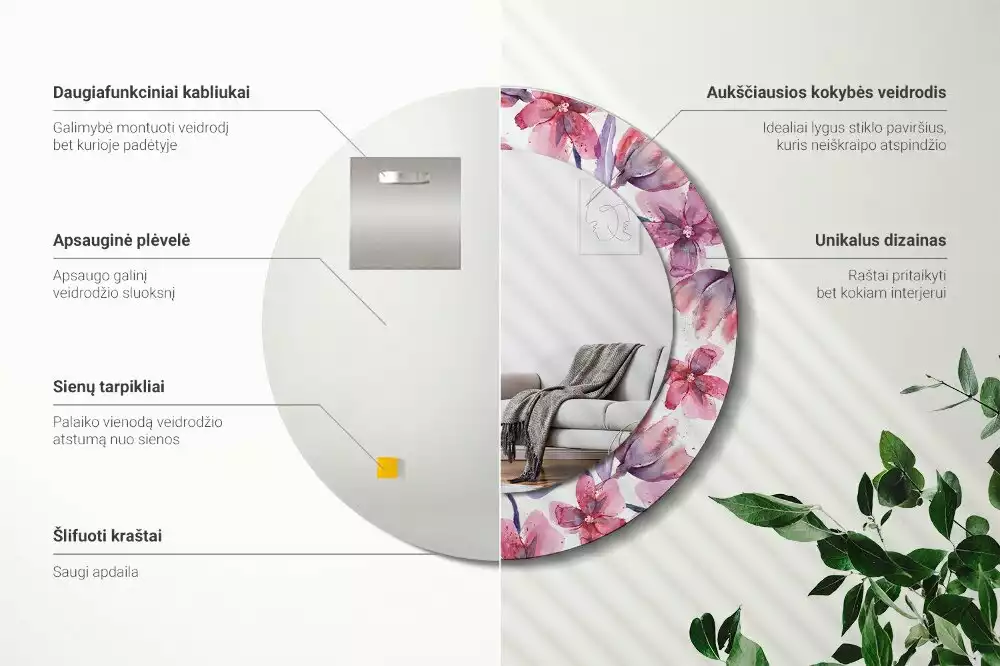 Lustro z ramą z nadrukiem w motywie kwiatów akwarelowych, w kształcie okrągłym