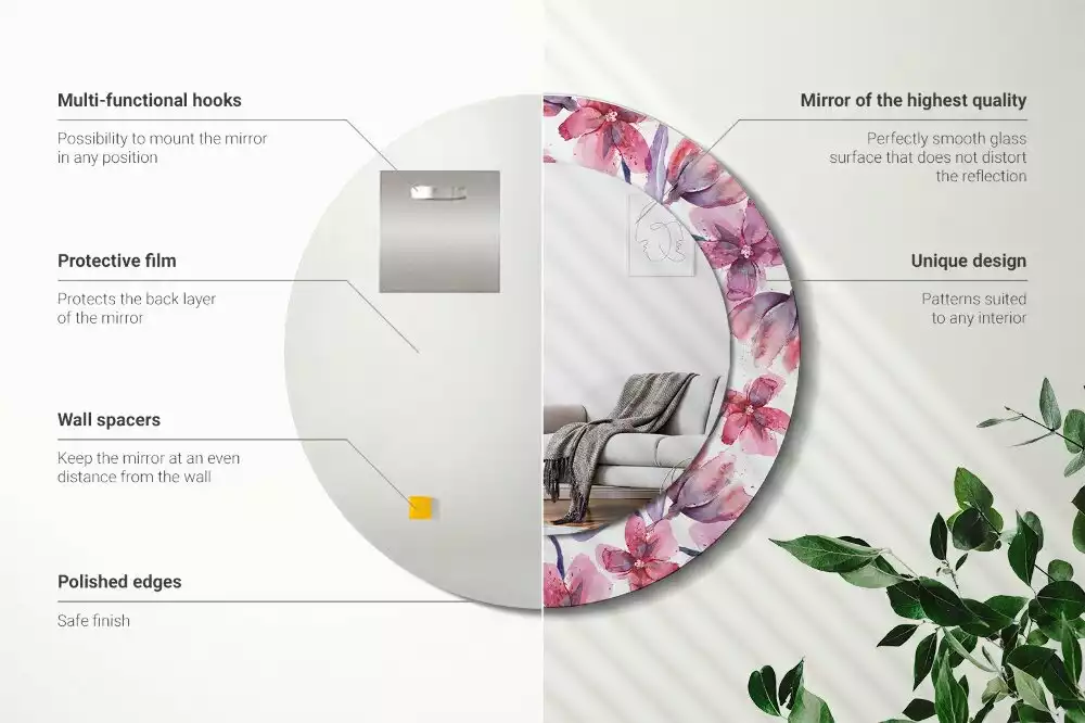 Lustro z ramą z nadrukiem w motywie kwiatów akwarelowych, w kształcie okrągłym