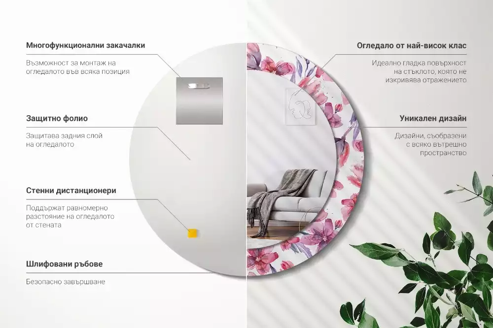 Lustro z ramą z nadrukiem w motywie kwiatów akwarelowych, w kształcie okrągłym