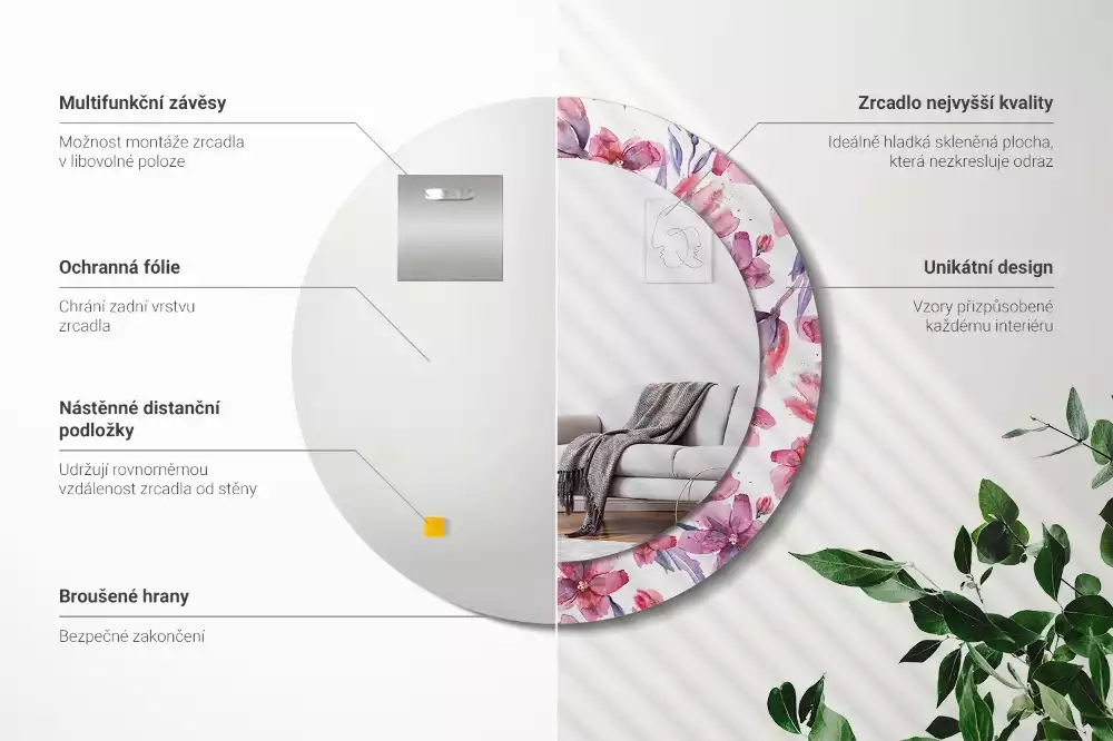 Lustro z ramą z nadrukiem w motywie kwiatów akwarelowych, w kształcie okrągłym