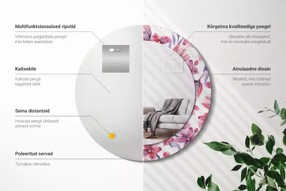 Lustro z ramą z nadrukiem w motywie kwiatów akwarelowych, w kształcie okrągłym