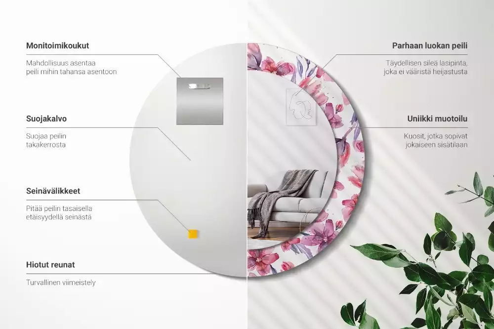 Lustro z ramą z nadrukiem w motywie kwiatów akwarelowych, w kształcie okrągłym