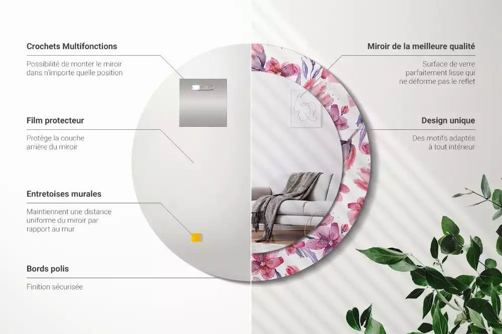 Lustro z ramą z nadrukiem w motywie kwiatów akwarelowych, w kształcie okrągłym