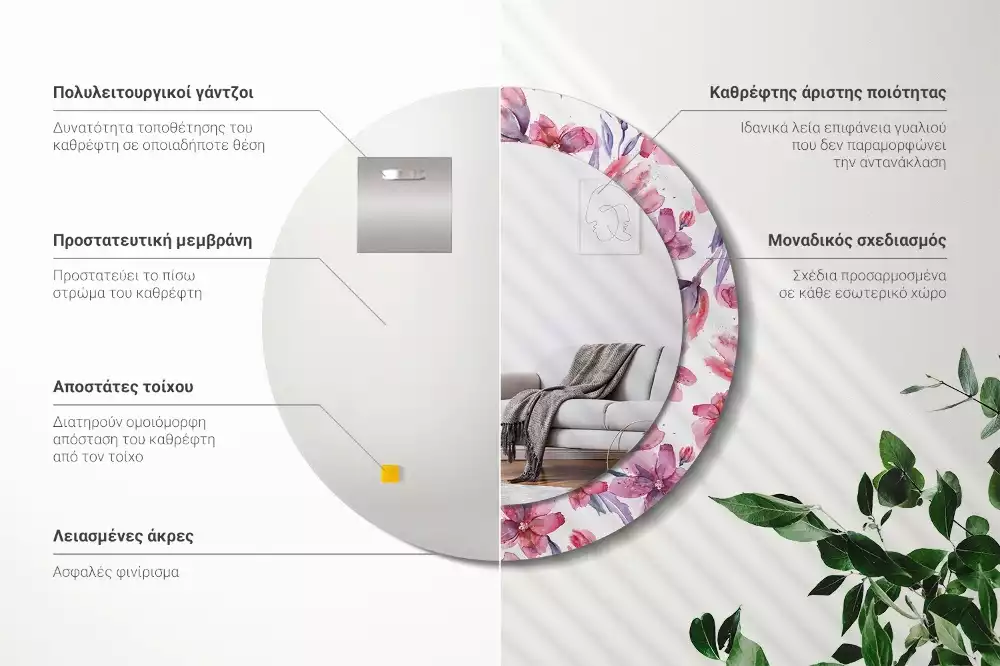 Lustro z ramą z nadrukiem w motywie kwiatów akwarelowych, w kształcie okrągłym