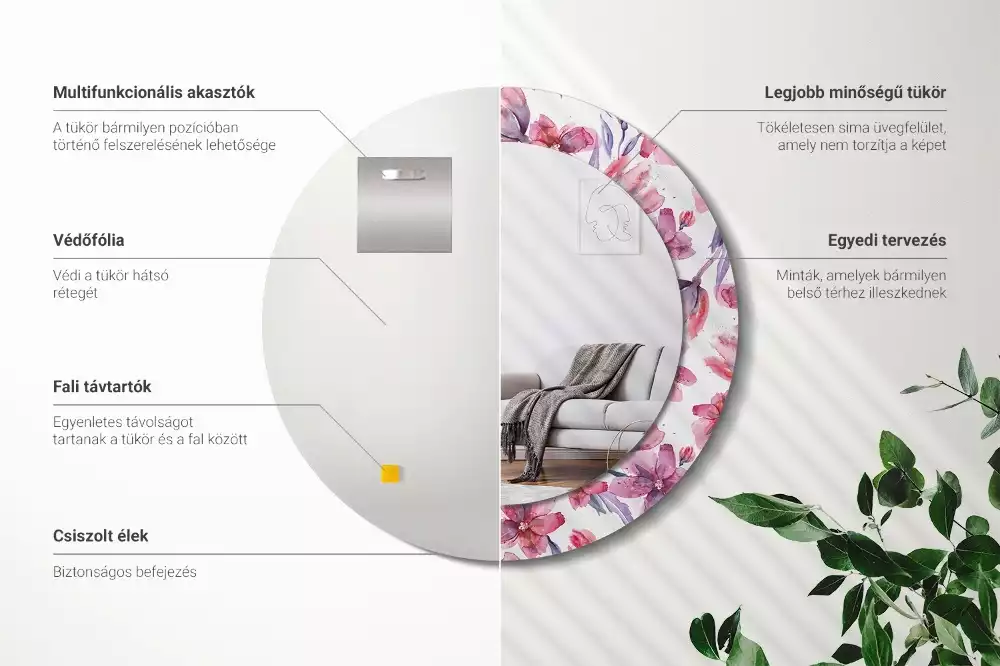 Lustro z ramą z nadrukiem w motywie kwiatów akwarelowych, w kształcie okrągłym