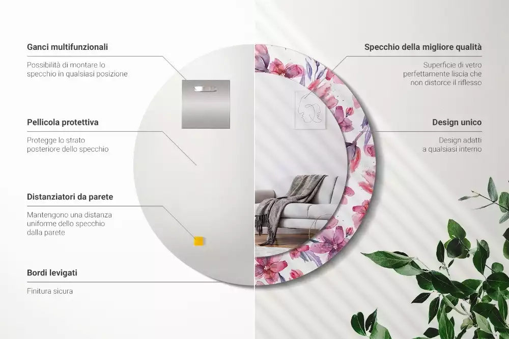 Lustro z ramą z nadrukiem w motywie kwiatów akwarelowych, w kształcie okrągłym