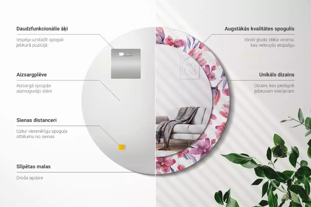 Lustro z ramą z nadrukiem w motywie kwiatów akwarelowych, w kształcie okrągłym