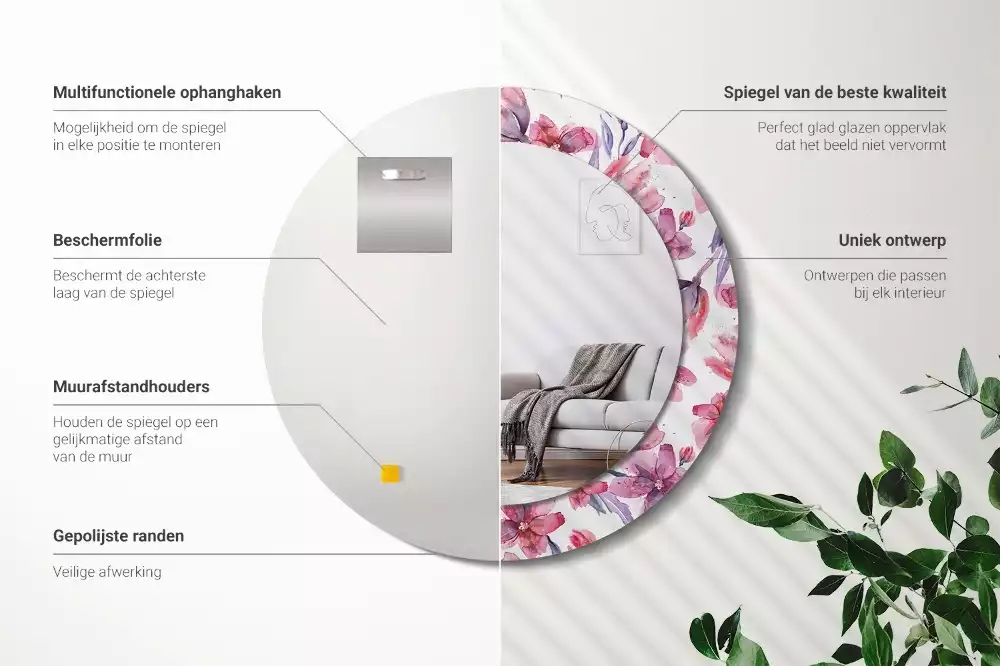 Lustro z ramą z nadrukiem w motywie kwiatów akwarelowych, w kształcie okrągłym