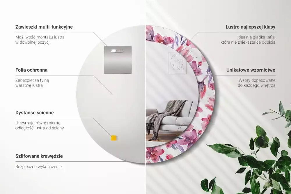 Lustro z ramą z nadrukiem w motywie kwiatów akwarelowych, w kształcie okrągłym