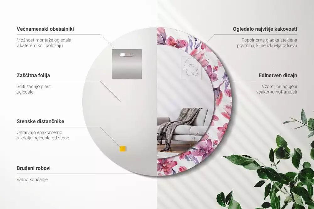 Lustro z ramą z nadrukiem w motywie kwiatów akwarelowych, w kształcie okrągłym