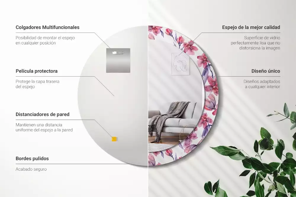 Lustro z ramą z nadrukiem w motywie kwiatów akwarelowych, w kształcie okrągłym