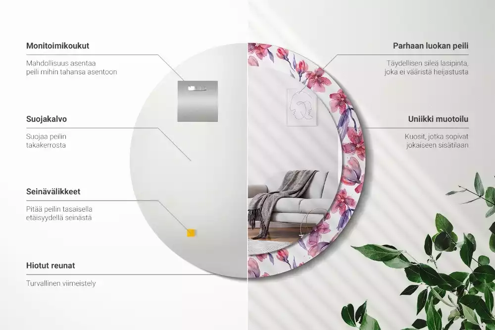 Lustro z ramą z nadrukiem w motywie kwiatów akwarelowych, w kształcie okrągłym