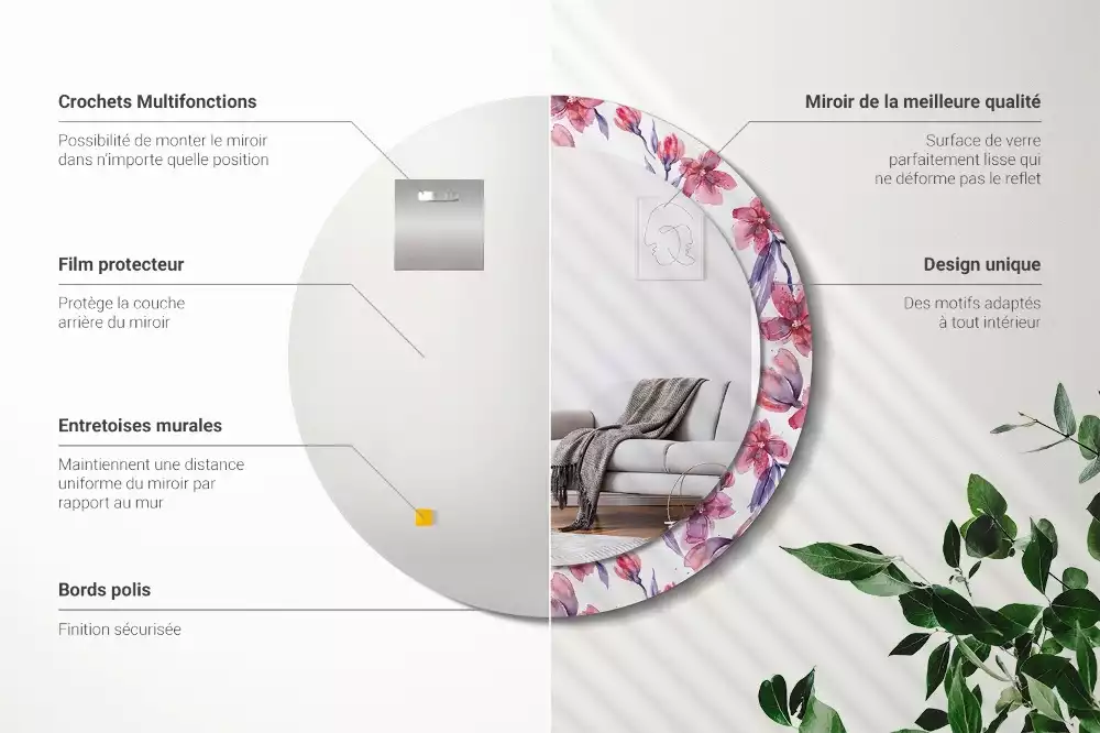 Lustro z ramą z nadrukiem w motywie kwiatów akwarelowych, w kształcie okrągłym