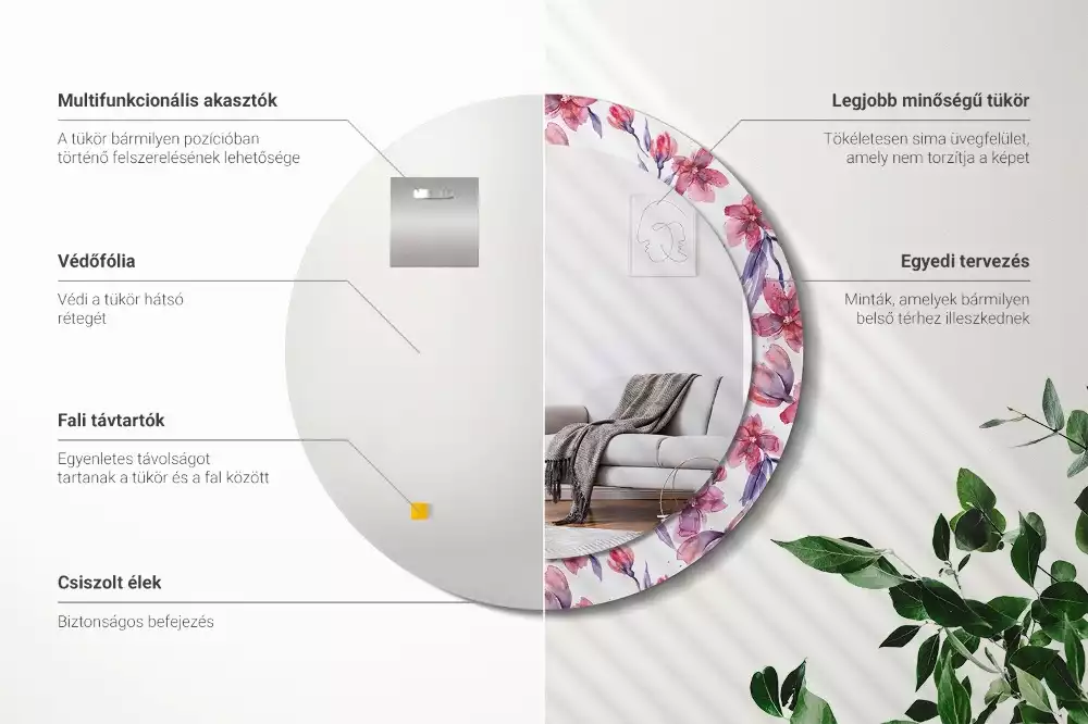 Lustro z ramą z nadrukiem w motywie kwiatów akwarelowych, w kształcie okrągłym