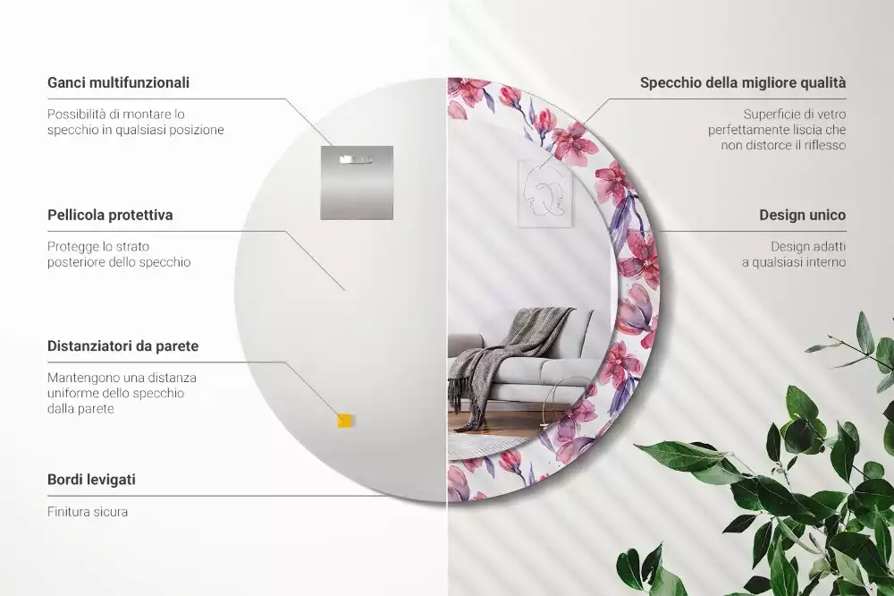 Lustro z ramą z nadrukiem w motywie kwiatów akwarelowych, w kształcie okrągłym