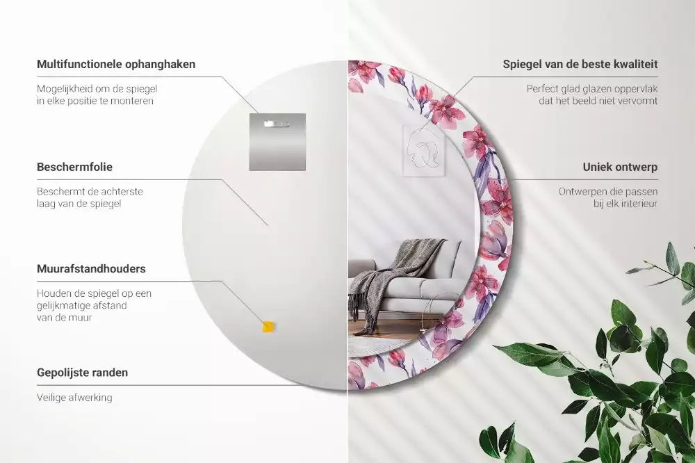 Lustro z ramą z nadrukiem w motywie kwiatów akwarelowych, w kształcie okrągłym