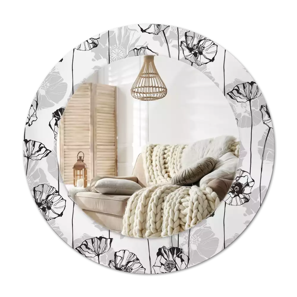 Lustro z okrągłą ramką i nadrukiem w motywie maków