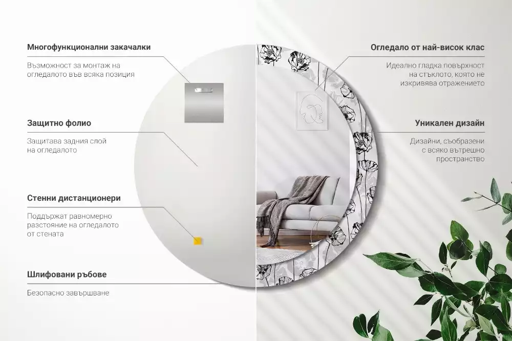 Lustro z okrągłą ramką i nadrukiem w motywie maków