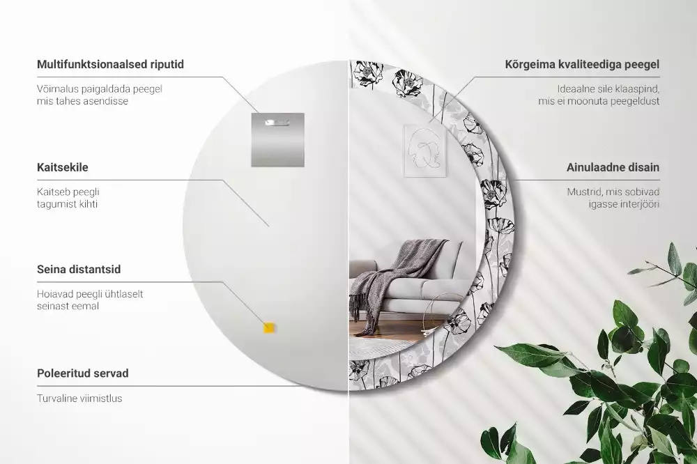 Lustro z okrągłą ramką i nadrukiem w motywie maków