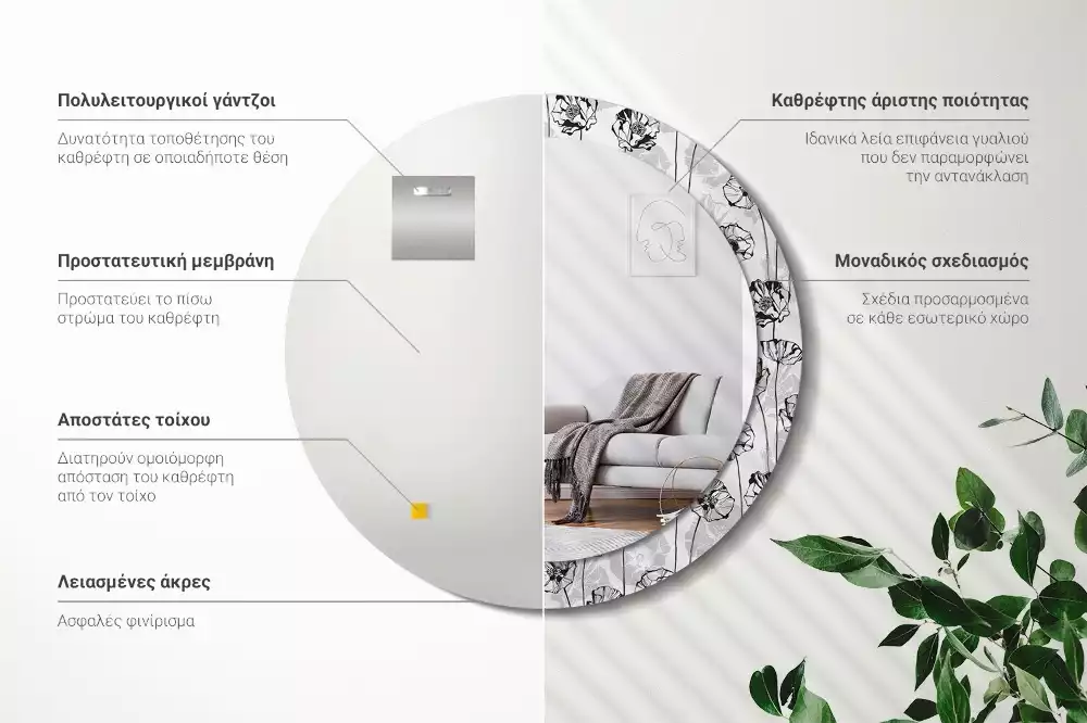 Lustro z okrągłą ramką i nadrukiem w motywie maków