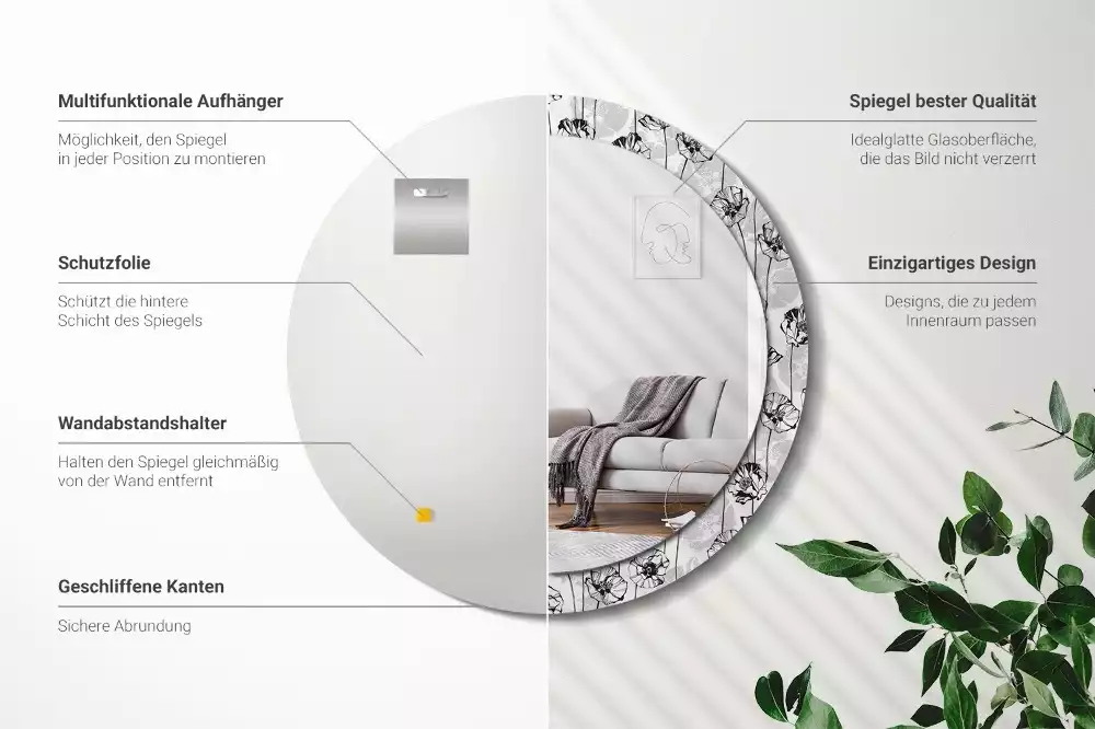 Lustro z okrągłą ramką i nadrukiem w motywie maków